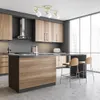 A modern kitchen with wooden cabinets, a kitchen island with bar stools, and a ceiling light fixture. Produktbild-Vorschau