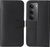 A black flip-style phone case is shown open, revealing the inside and the back of a smartphone with a triple camera setup. Produktbild-Vorschau