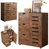 A collage of images showing a retro-style wooden cabinet with drawers and doors, presented from different angles and with some decorative items on top. Náhľad obrázku produktu