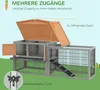 A diagram of a multi-level rabbit hutch with open roof and doors, highlighting features. Podgląd zdjęcia produktu