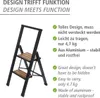 A black and wood-colored step stool is shown with text highlighting its features in both German and English. Podgląd zdjęcia produktu