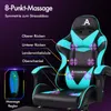 A teal and black gaming chair with massage points highlighted and labeled. Produktbild-Vorschau