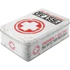 A white tin box with a red cross and text indicating it is a first aid kit. Podgląd zdjęcia produktu
