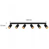 A product image of a black track light with six adjustable spotlights, showing dimensions. Náhľad obrázku produktu