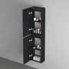 A tall, slender black cabinet with its doors open, revealing shelves stocked with toiletries and towels, mounted on a light gray wall. Anteprima dell’immagine prodotto