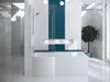 A modern, minimalist bathroom featuring a white bathtub with a glass shower enclosure and teal tiles. Voir les images du produit