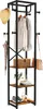 A freestanding coat rack with shelves and hooks, displaying various items like clothes, a hat, an umbrella, a bag, and shoes. Produktbild-Vorschau