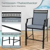 A bar stool is shown with close-up images highlighting its features, set against a backdrop of a pool and wooden deck. Produktbild-Vorschau