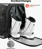 A black ski boot bag is shown open with two white ski boots inside. There are callouts highlighting features. Anteprima dell’immagine prodotto