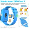An instructional image showing how to insert a SIM card into a blue smartwatch, with additional diagrams illustrating different SIM card sizes and a charging port. Produktbild-Vorschau