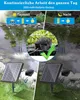 A collage showing a solar-powered pond aerator in different lighting conditions and close-ups. Produktbild-Vorschau