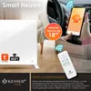 A person is using a smartphone to control a smart heater, with a remote control visible. Produktbild-Vorschau