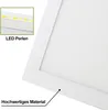 A close-up view of a white LED panel light, highlighting its features with text overlays. Produktbild-Vorschau