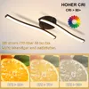 A modern LED ceiling light with wavy design, showcasing its high CRI feature with fruit illustrations. Voir les images du produit