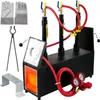 A black gas forge with three burners, a pair of gloves, tongs, and a metal stand are arranged on a white background. Voir les images du produit