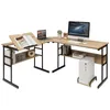 A corner desk with a computer, laptop, books, and a decorative item. Produktbild-Vorschau