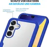 A close-up view of a blue phone case, showing its transparent back and camera cutout. Produktbild-Vorschau