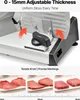 Close-up of a food slicer with arrows indicating adjustable thickness, and three examples of sliced meat. Náhled obrázku produktu