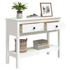A white wooden console table with two drawers and a shelf below. It is decorated with a plant in a pot, a framed picture, a basket, and books. Produktbild-Vorschau