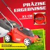 A red electric lawnmower is shown on a red background with green grass at the bottom. Text overlays highlight features. Produktbild-Vorschau