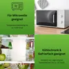 Collage showing a microwave, a refrigerator interior, and text describing product features. Produktbild-Vorschau