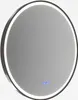 A round illuminated mirror with a black frame and blue touch controls. Produktbild-Vorschau