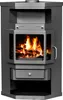A dark gray corner wood-burning stove with a fire burning inside. Anteprima dell’immagine prodotto