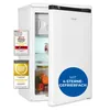 A white refrigerator with its door slightly ajar, displaying food items inside. Several award badges are attached to the left side of the refrigerator. Produktbild-Vorschau