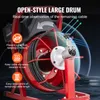 A close-up marketing image of a red and black pipe cleaning machine with text overlays highlighting its features. Podgląd zdjęcia produktu