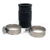 A black rubber hose connector and two metal hose clamps on a white background. Produktbild-Vorschau