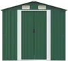 A front view of a green metal garden shed with double doors. Podgląd zdjęcia produktu