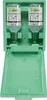 A green plastic eye wash station with two bottles of saline solution. Voir les images du produit