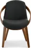 A front view of a black leather dining chair with a curved wooden frame and wooden legs, set against a white background. Voir les images du produit