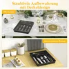 A split image showing a cutlery organizer with a lid on a table setting and another organizer on a kitchen counter. Produktbild-Vorschau