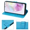 A blue flip case for a smartphone is displayed open, showing the phone's screen. Two close-up insets show details of the case's closure and texture. Produktbild-Vorschau