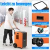 A man is shown pushing an orange dehumidifier in a warehouse-like setting, with feature callouts on the right side of the image. Voir les images du produit