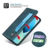A teal-colored phone case is shown open, with a card inserted into a slot. Red arrows indicate how the case closes. A close-up inset shows multiple cards in slots. Produktbild-Vorschau