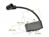 A product shot of a chainsaw ignition coil with dimensions indicated by lines and text. Produktbild-Vorschau