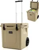 A tan cooler with wheels and a retractable handle is shown from the front. A smaller inset image shows the cooler with its lid open, filled with drinks. Podgląd zdjęcia produktu