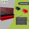 A product image showcasing a tool wall organizer with various storage bins and hooks, along with measurement diagrams. Anteprima dell’immagine prodotto