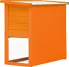 An orange wooden rabbit hutch with a wire mesh front. Produktbild-Vorschau