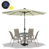 A patio umbrella and table set with four chairs, set against a white background. Voir les images du produit