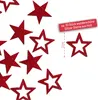 A collection of red glittery star-shaped decorations scattered on a white background, with a label indicating quantity and material. Produktbild-Vorschau