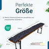 A dark gray garden bench cushion is shown on a wooden bench, with dimensions and product features highlighted. Produktbild-Vorschau
