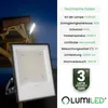 A floodlight mounted on a wooden structure at night, with technical specifications and warranty information displayed next to it. Produktbild-Vorschau