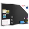 A black magnetic whiteboard with a silver frame, displayed on a white background. It has several items attached and displayed on it, including photos, notes, magnets, a marker, and an eraser. Produktbild-Vorschau