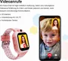 A pink smartwatch and a smartphone displaying a video call between a child and a woman. Produktbild-Vorschau