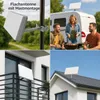 Collage showing a flat antenna mounted on a mast, a group of people having a barbecue with a caravan in the background, the antenna mounted on a balcony railing, and the antenna mounted on a house roof. Produktbild-Vorschau