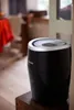 A black Philips humidifier is placed on a wooden stool in a room with blurred background elements like a table with an orange tablecloth and chairs. Produktbild-Vorschau