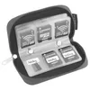 A grey zippered storage case for memory cards, open to reveal multiple slots holding various SD and micro SD cards. Produktbild-Vorschau